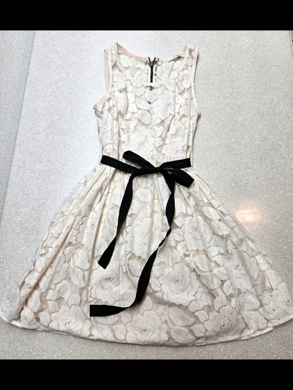 Cream Lace Fit-and-Flare Dress with Black Bow-Medium